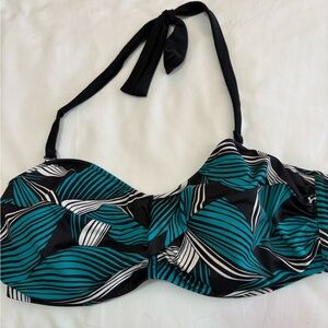 Fantasie Teal Black White Leaf-Print Halter Bikini Top